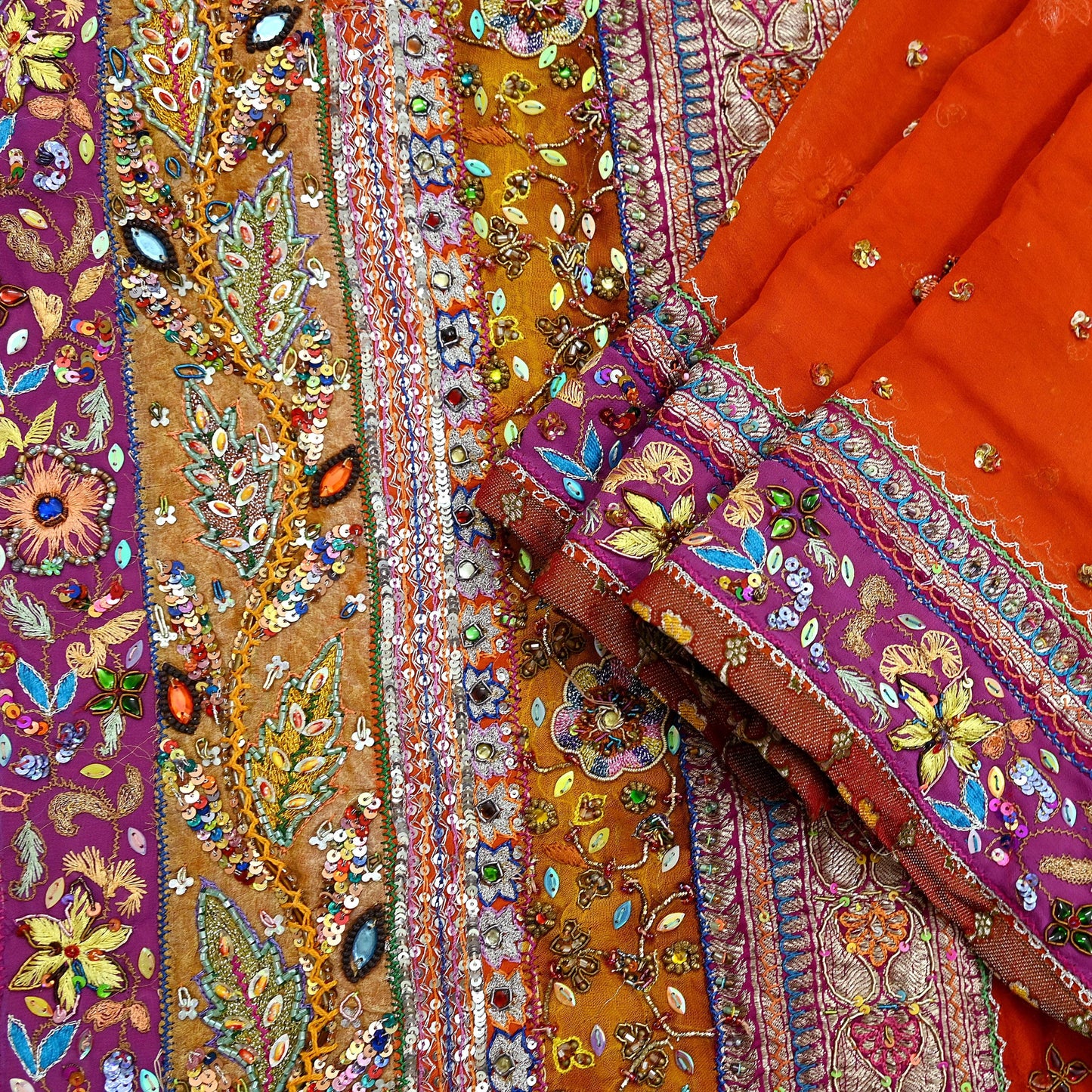 Indian Vintage Heavy Orange Dupatta Pure Georgette Silk Long Stole Hand Embroidered  Scarves Zardozi Wedding Party wear