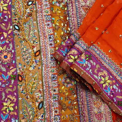 Indian Vintage Heavy Orange Dupatta Pure Georgette Silk Long Stole Hand Embroidered  Scarves Zardozi Wedding Party wear