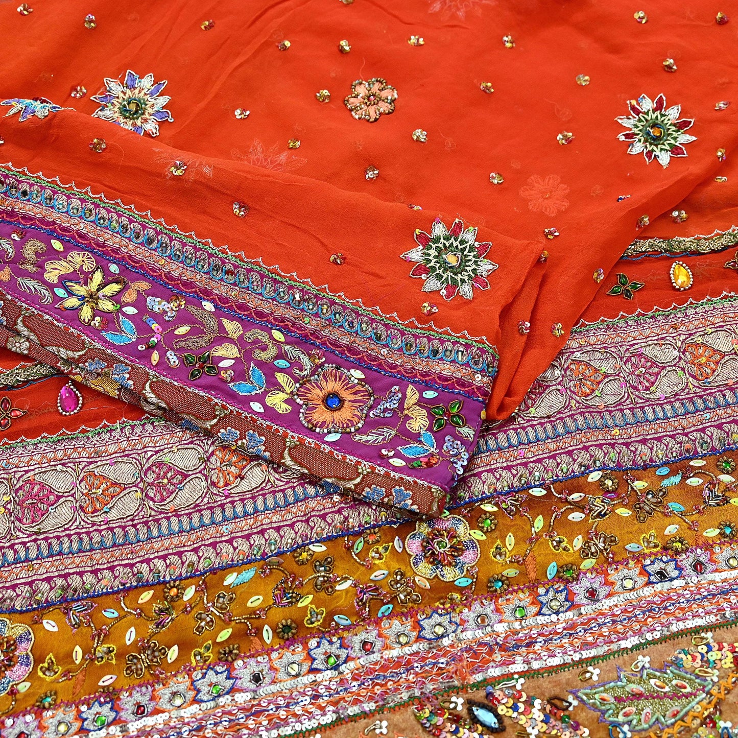 Indian Vintage Heavy Orange Dupatta Pure Georgette Silk Long Stole Hand Embroidered  Scarves Zardozi Wedding Party wear