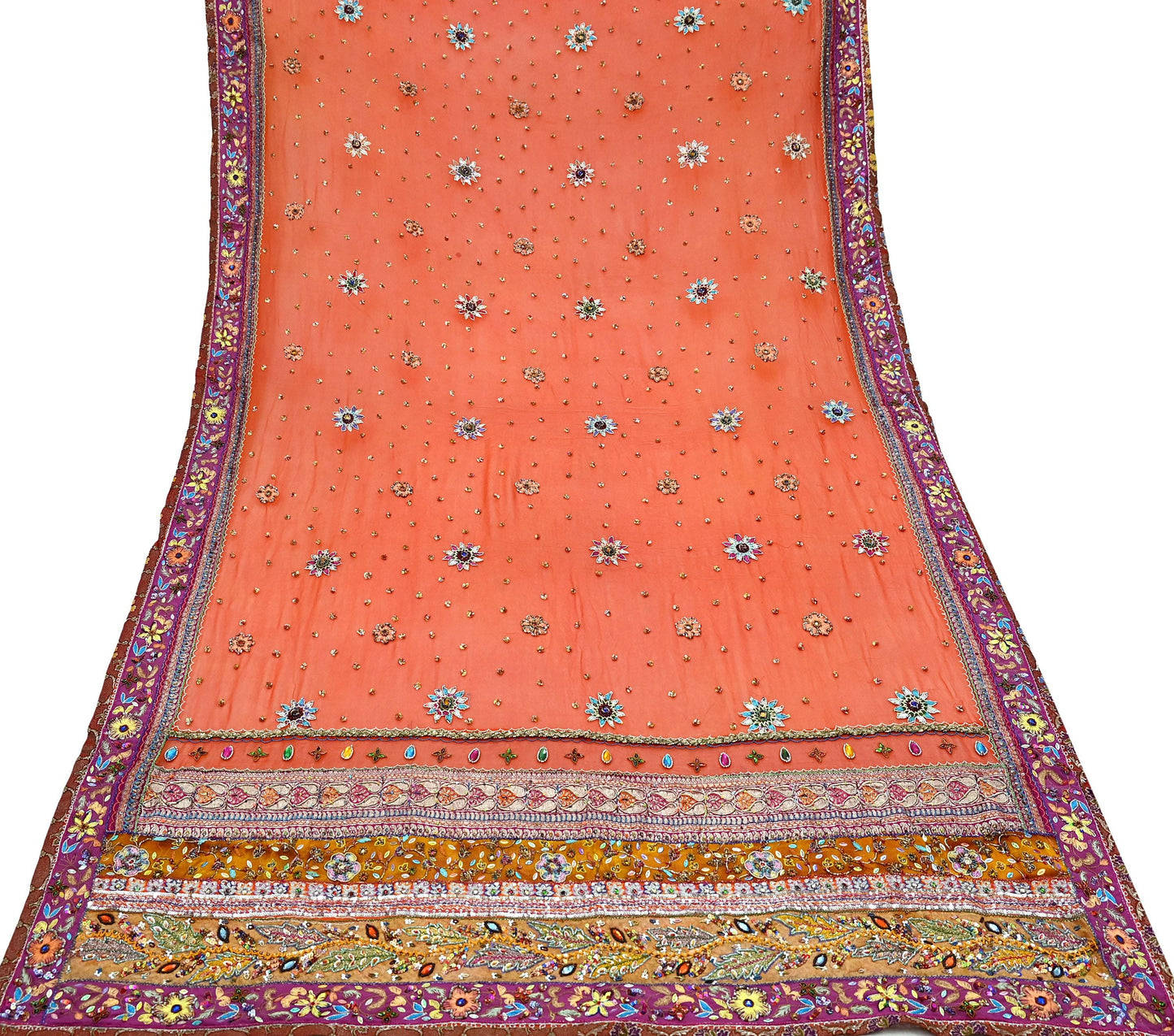 Indian Vintage Heavy Orange Dupatta Pure Georgette Silk Long Stole Hand Embroidered  Scarves Zardozi Wedding Party wear
