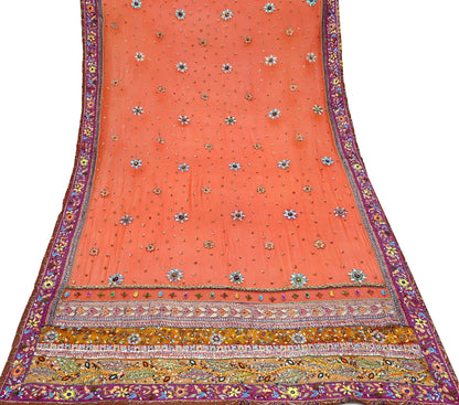Indian Vintage Heavy Orange Dupatta Pure Georgette Silk Long Stole Hand Embroidered  Scarves Zardozi Wedding Party wear