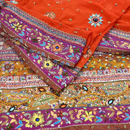 Indian Vintage Heavy Orange Dupatta Pure Georgette Silk Long Stole Hand Embroidered  Scarves Zardozi Wedding Party wear