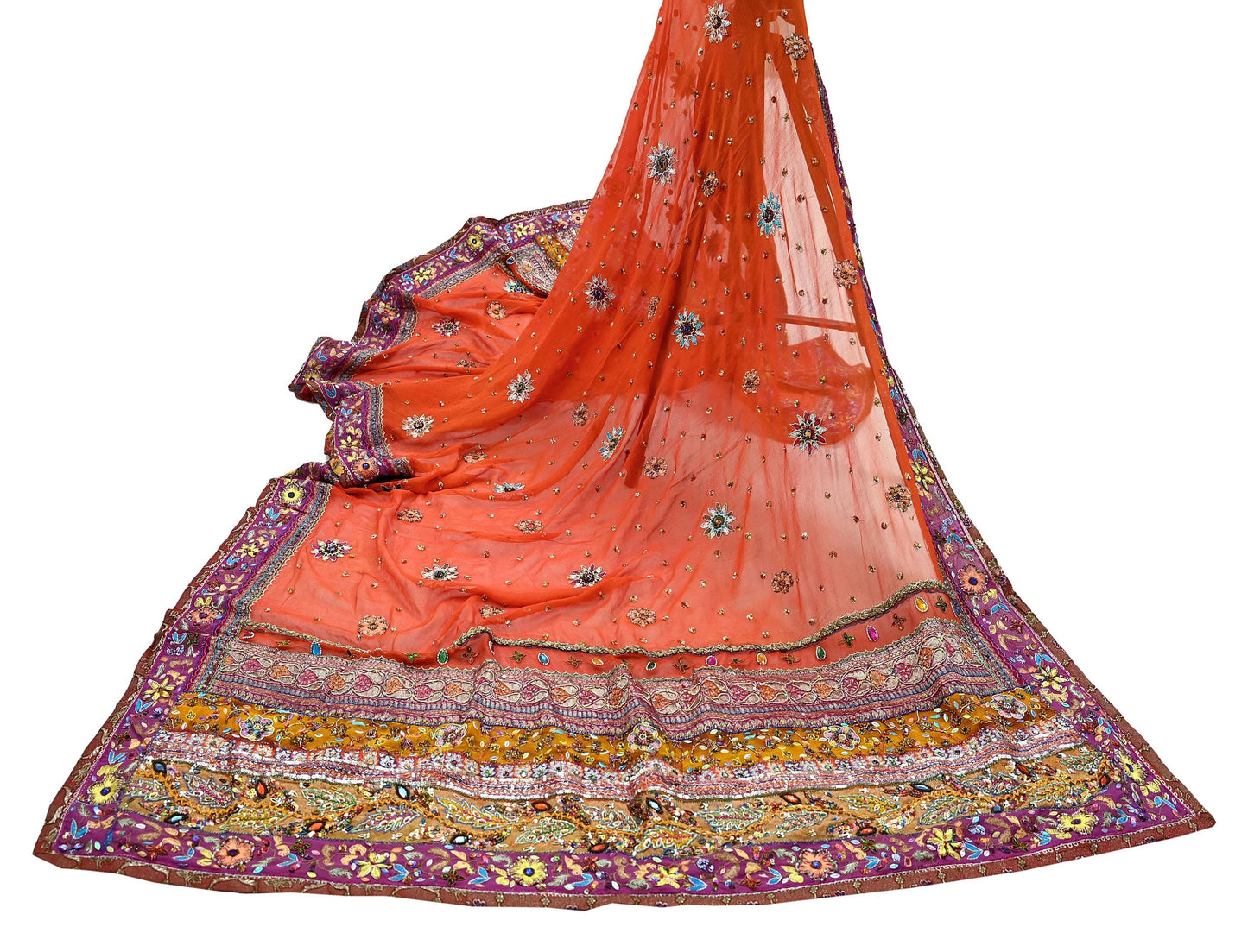 Indian Vintage Heavy Orange Dupatta Pure Georgette Silk Long Stole Hand Embroidered  Scarves Zardozi Wedding Party wear