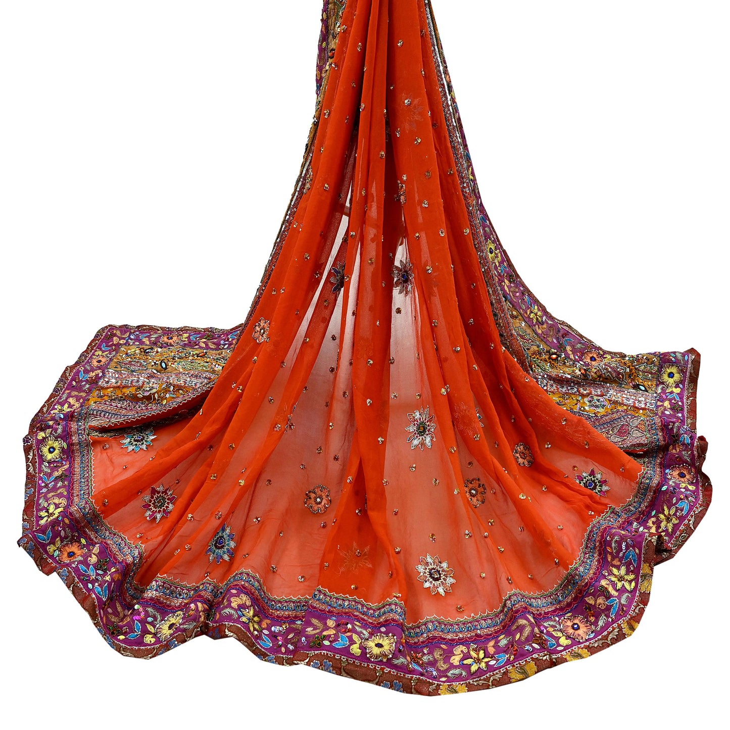 Indian Vintage Heavy Orange Dupatta Pure Georgette Silk Long Stole Hand Embroidered  Scarves Zardozi Wedding Party wear