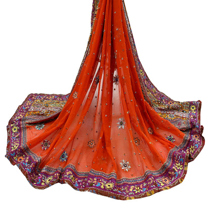 Indian Vintage Heavy Orange Dupatta Pure Georgette Silk Long Stole Hand Embroidered  Scarves Zardozi Wedding Party wear
