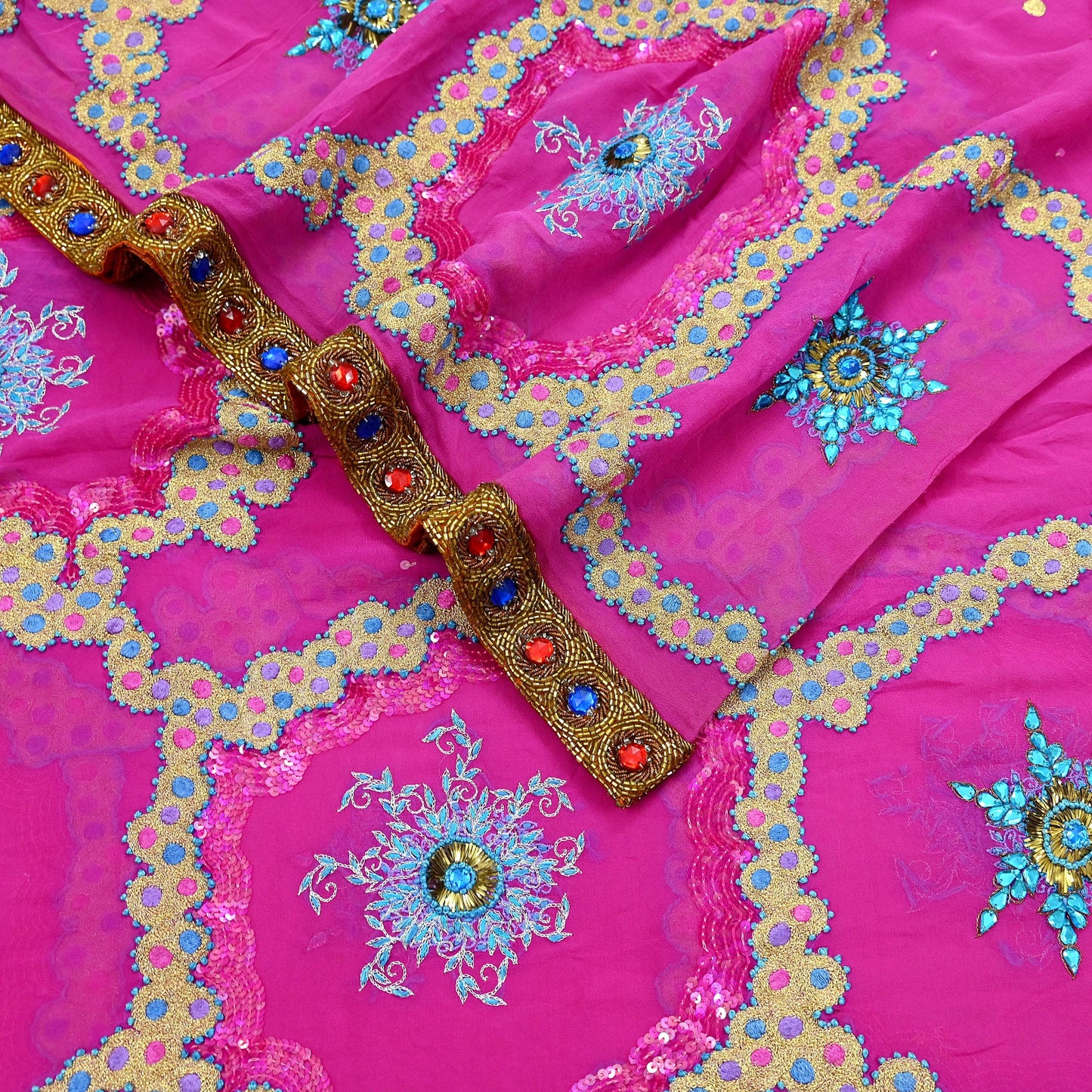 Indian Vintage Heavy Bridal Dupatta Pink Pure Georgette Silk Long Stole Hand Embroidered Scarf Zardozi/Dabka Zari Wedding/Party Dupatta