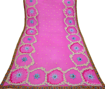 Indian Vintage Heavy Bridal Dupatta Pink Pure Georgette Silk Long Stole Hand Embroidered Scarf Zardozi/Dabka Zari Wedding/Party Dupatta