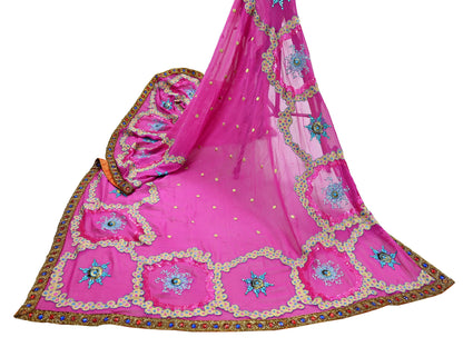 Indian Vintage Heavy Bridal Dupatta Pink Pure Georgette Silk Long Stole Hand Embroidered Scarf Zardozi/Dabka Zari Wedding/Party Dupatta