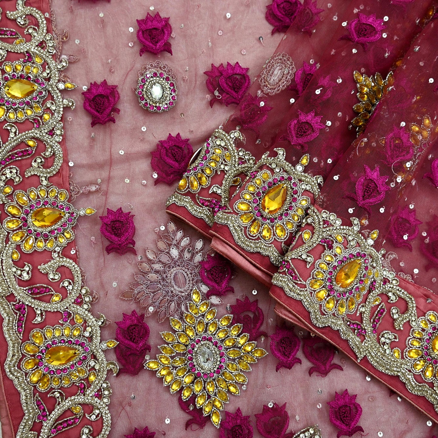Indian Vintage Heavy Bridal Pink Dupatta Net Mesh Long Stole Hand Embroidered Scarves Golden Zardozi Dabka Zari Sequins Wedding Veil Hijab