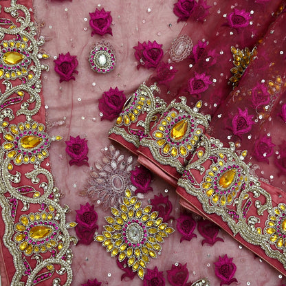 Indian Vintage Heavy Bridal Pink Dupatta Net Mesh Long Stole Hand Embroidered Scarves Golden Zardozi Dabka Zari Sequins Wedding Veil Hijab