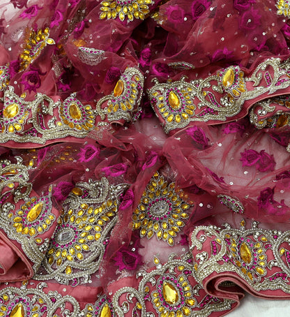 Indian Vintage Heavy Bridal Pink Dupatta Net Mesh Long Stole Hand Embroidered Scarves Golden Zardozi Dabka Zari Sequins Wedding Veil Hijab
