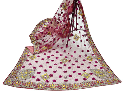 Indian Vintage Heavy Bridal Pink Dupatta Net Mesh Long Stole Hand Embroidered Scarves Golden Zardozi Dabka Zari Sequins Wedding Veil Hijab