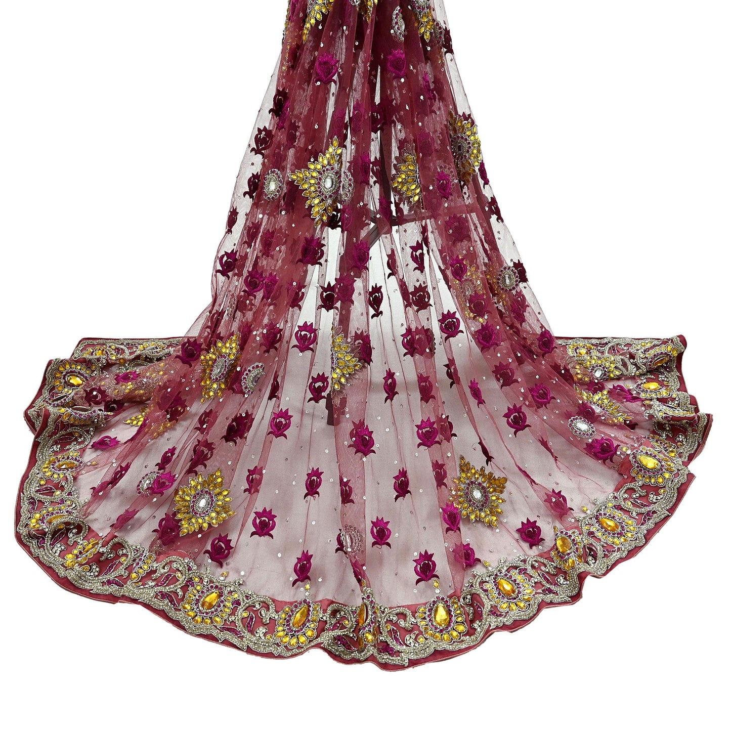 Indian Vintage Heavy Bridal Pink Dupatta Net Mesh Long Stole Hand Embroidered Scarves Golden Zardozi Dabka Zari Sequins Wedding Veil Hijab