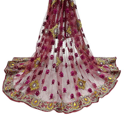 Indian Vintage Heavy Bridal Pink Dupatta Net Mesh Long Stole Hand Embroidered Scarves Golden Zardozi Dabka Zari Sequins Wedding Veil Hijab
