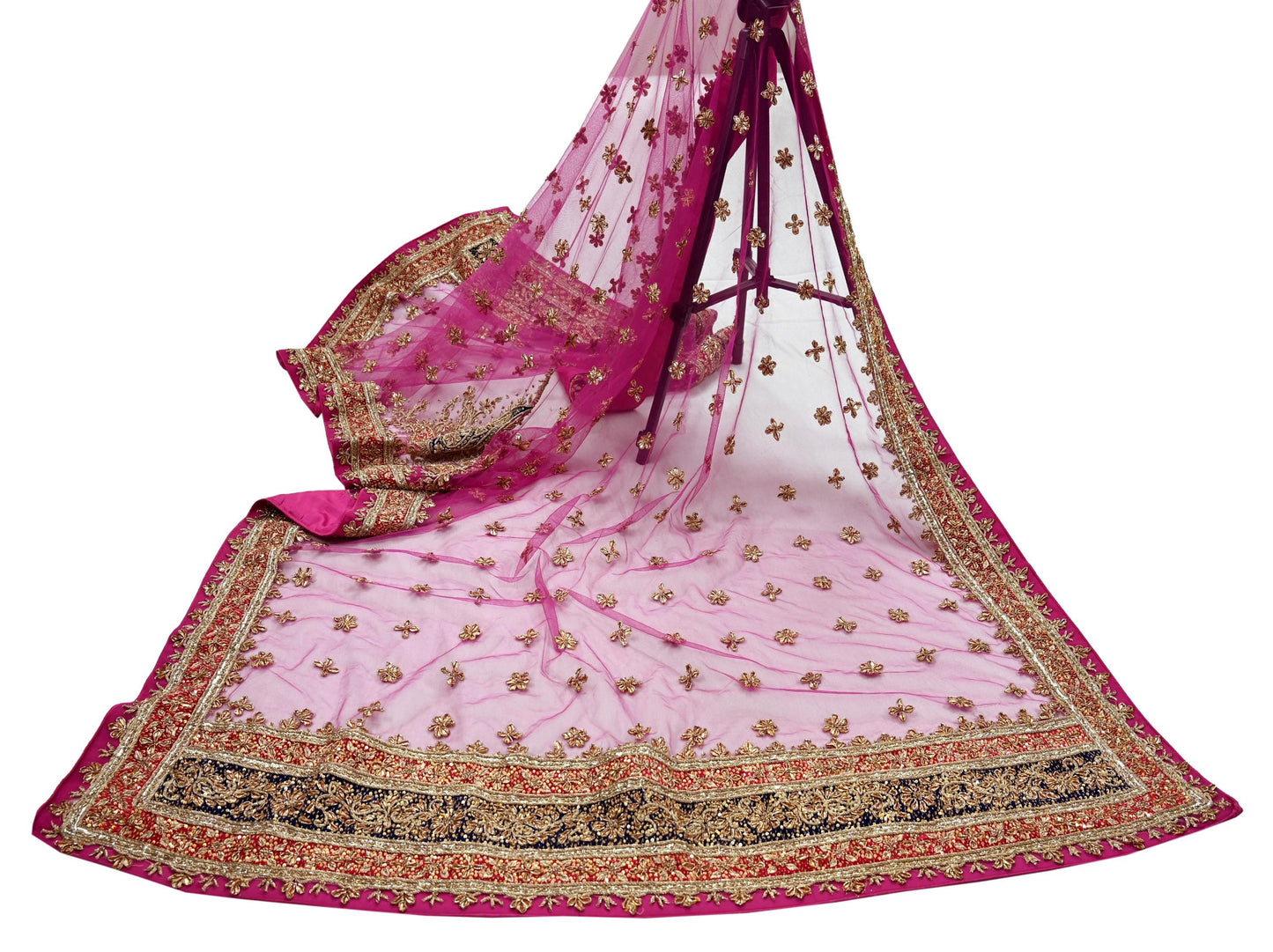 Indian Vintage Heavy Bridal Pink Dupatta Net Mesh Long Stole Hand Embroidered Scarves Golden Zardozi Dabka Zari Sequins Wedding Veil Hijab