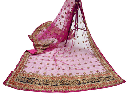 Indian Vintage Heavy Bridal Pink Dupatta Net Mesh Long Stole Hand Embroidered Scarves Golden Zardozi Dabka Zari Sequins Wedding Veil Hijab