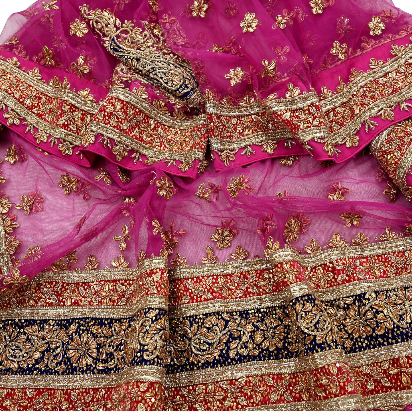 Indian Vintage Heavy Bridal Pink Dupatta Net Mesh Long Stole Hand Embroidered Scarves Golden Zardozi Dabka Zari Sequins Wedding Veil Hijab