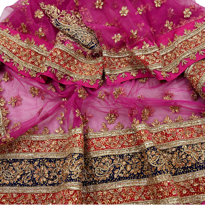 Indian Vintage Heavy Bridal Pink Dupatta Net Mesh Long Stole Hand Embroidered Scarves Golden Zardozi Dabka Zari Sequins Wedding Veil Hijab
