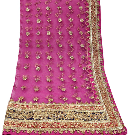 Indian Vintage Heavy Bridal Pink Dupatta Net Mesh Long Stole Hand Embroidered Scarves Golden Zardozi Dabka Zari Sequins Wedding Veil Hijab