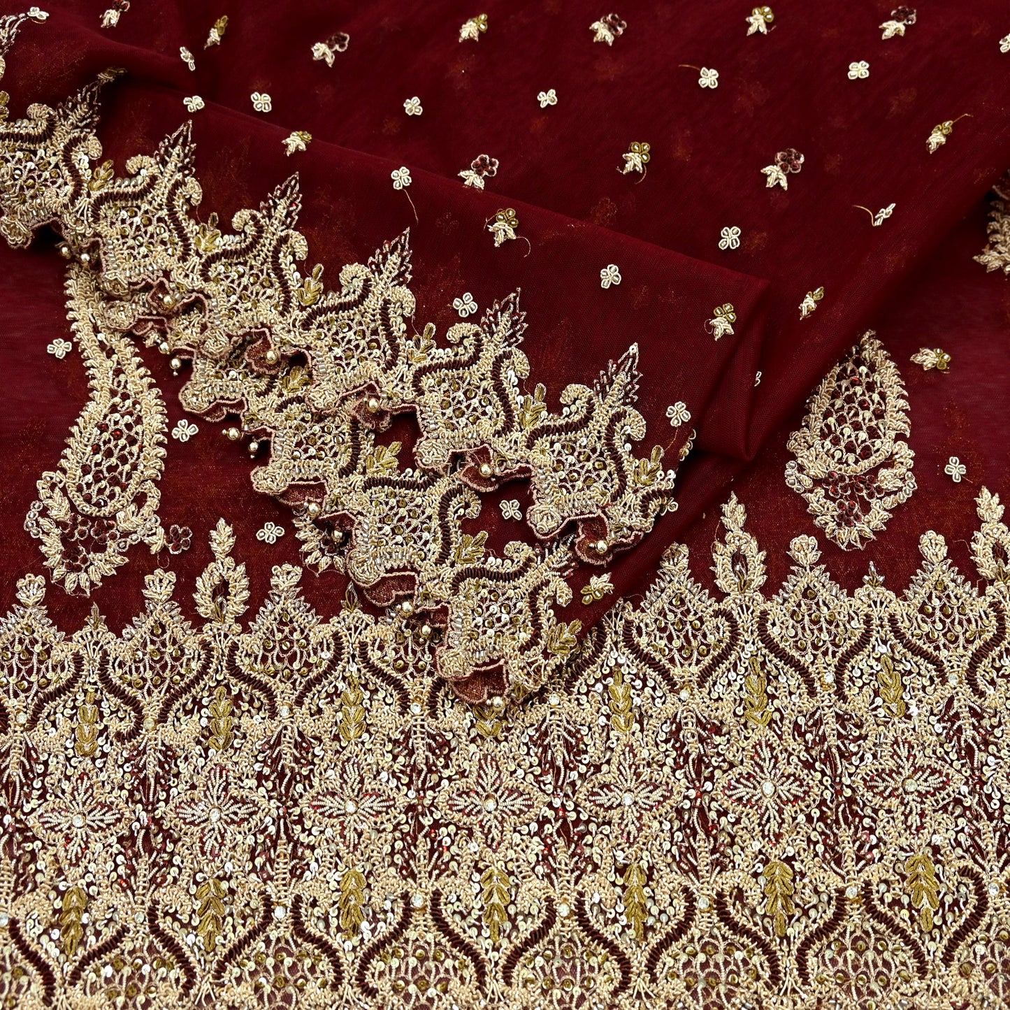 Indian Vintage Heavy Wedding Maroon Dupatta Net Mesh Long Stole Hand Embroidered Scarves Golden Zardozi Zari Sequins Dridal Veil Hijab