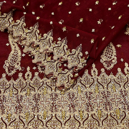 Indian Vintage Heavy Wedding Maroon Dupatta Net Mesh Long Stole Hand Embroidered Scarves Golden Zardozi Zari Sequins Dridal Veil Hijab