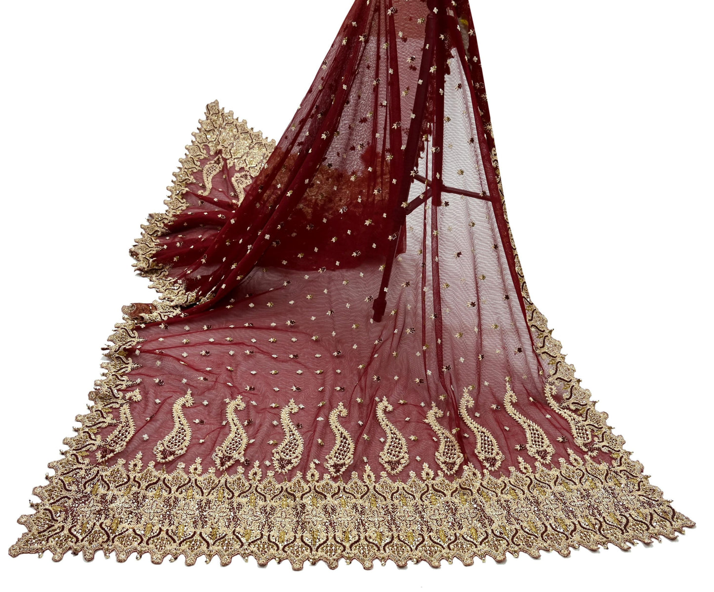 Indian Vintage Heavy Wedding Maroon Dupatta Net Mesh Long Stole Hand Embroidered Scarves Golden Zardozi Zari Sequins Dridal Veil Hijab