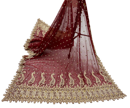 Indian Vintage Heavy Wedding Maroon Dupatta Net Mesh Long Stole Hand Embroidered Scarves Golden Zardozi Zari Sequins Dridal Veil Hijab