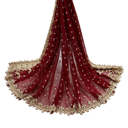 Indian Vintage Heavy Wedding Maroon Dupatta Net Mesh Long Stole Hand Embroidered Scarves Golden Zardozi Zari Sequins Dridal Veil Hijab