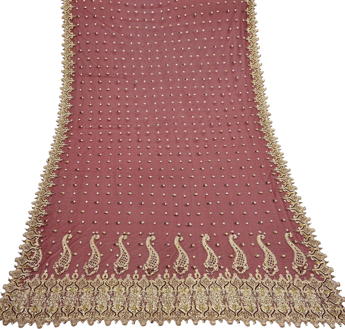 Indian Vintage Heavy Wedding Maroon Dupatta Net Mesh Long Stole Hand Embroidered Scarves Golden Zardozi Zari Sequins Dridal Veil Hijab