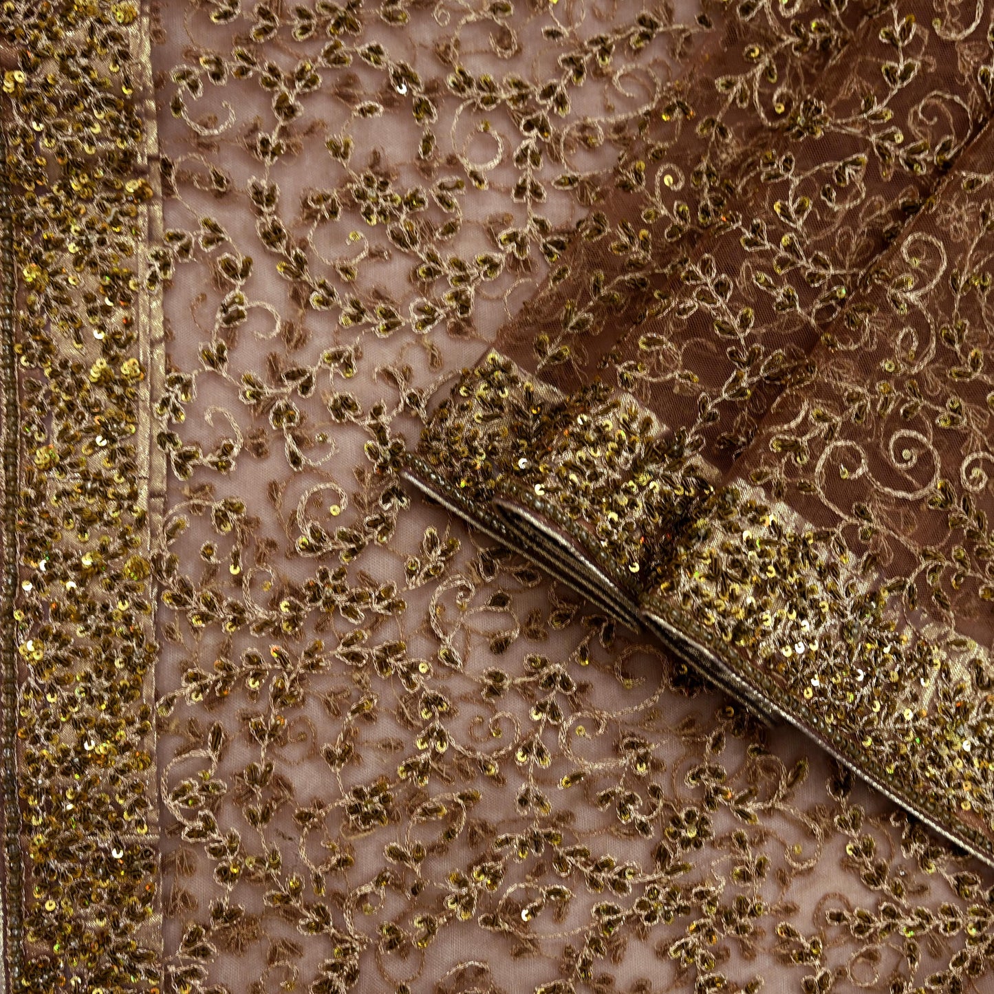 Indian Vintage Heavy Brown Dupatta Net Mesh Long Stole Hand Embroidered Scarf Zardozi Zari Sequins Stole Bridal Veil