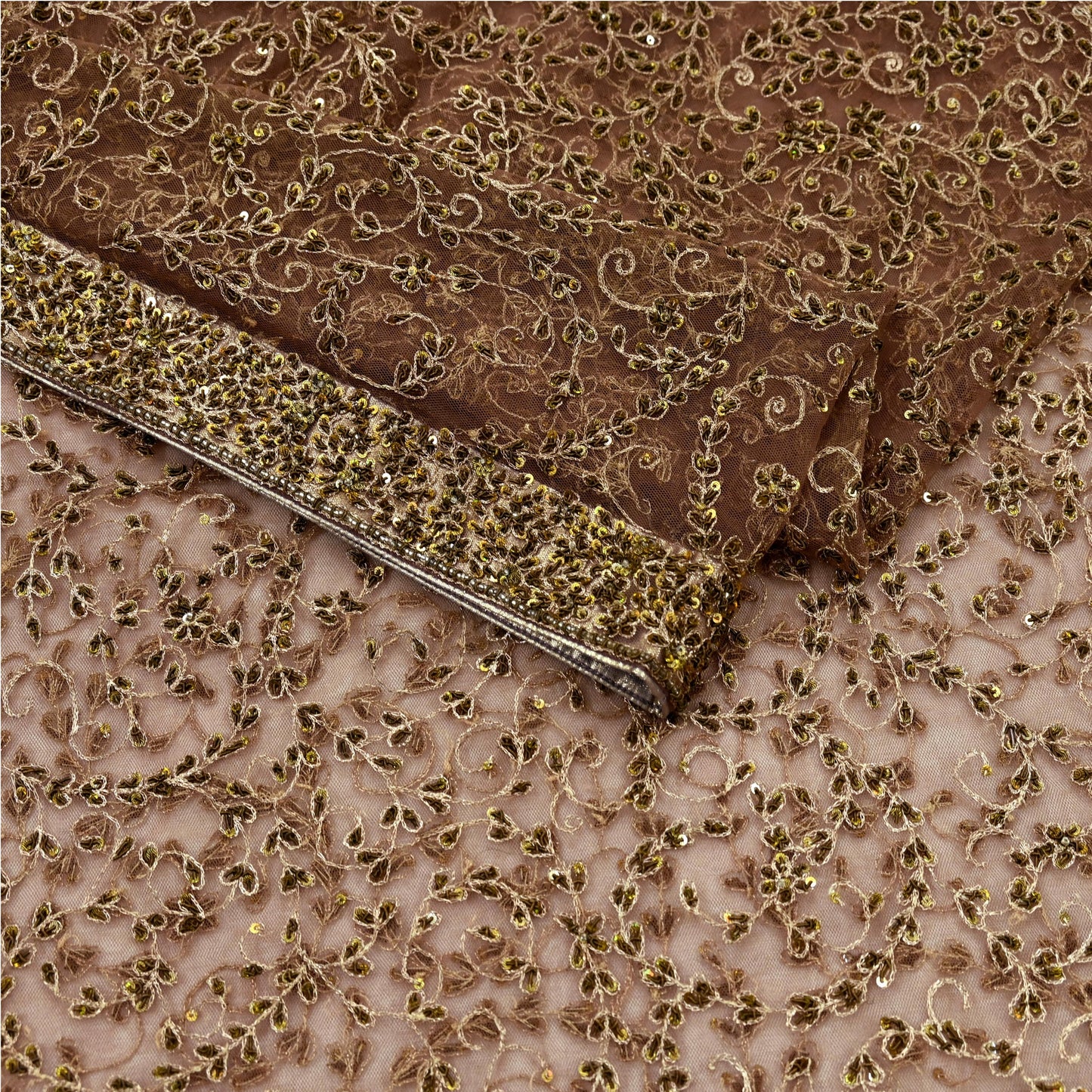 Indian Vintage Heavy Brown Dupatta Net Mesh Long Stole Hand Embroidered Scarf Zardozi Zari Sequins Stole Bridal Veil