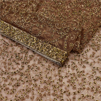 Indian Vintage Heavy Brown Dupatta Net Mesh Long Stole Hand Embroidered Scarf Zardozi Zari Sequins Stole Bridal Veil