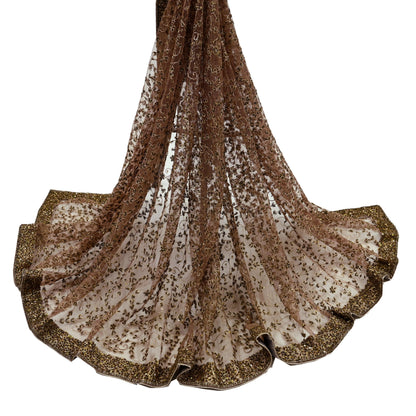 Indian Vintage Heavy Brown Dupatta Net Mesh Long Stole Hand Embroidered Scarf Zardozi Zari Sequins Stole Bridal Veil