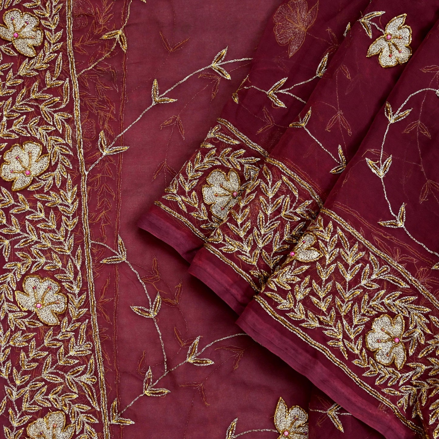 Indian Vintage Bridal Heavy Maroon Dupatta American Georgette Long Stole Hand Embroidered Scarves Zari Zardozi Bollywood Wedding Veil Hijab