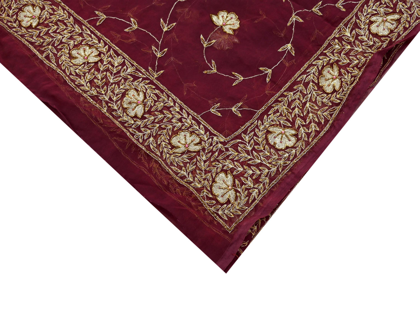 Indian Vintage Bridal Heavy Maroon Dupatta American Georgette Long Stole Hand Embroidered Scarves Zari Zardozi Bollywood Wedding Veil Hijab