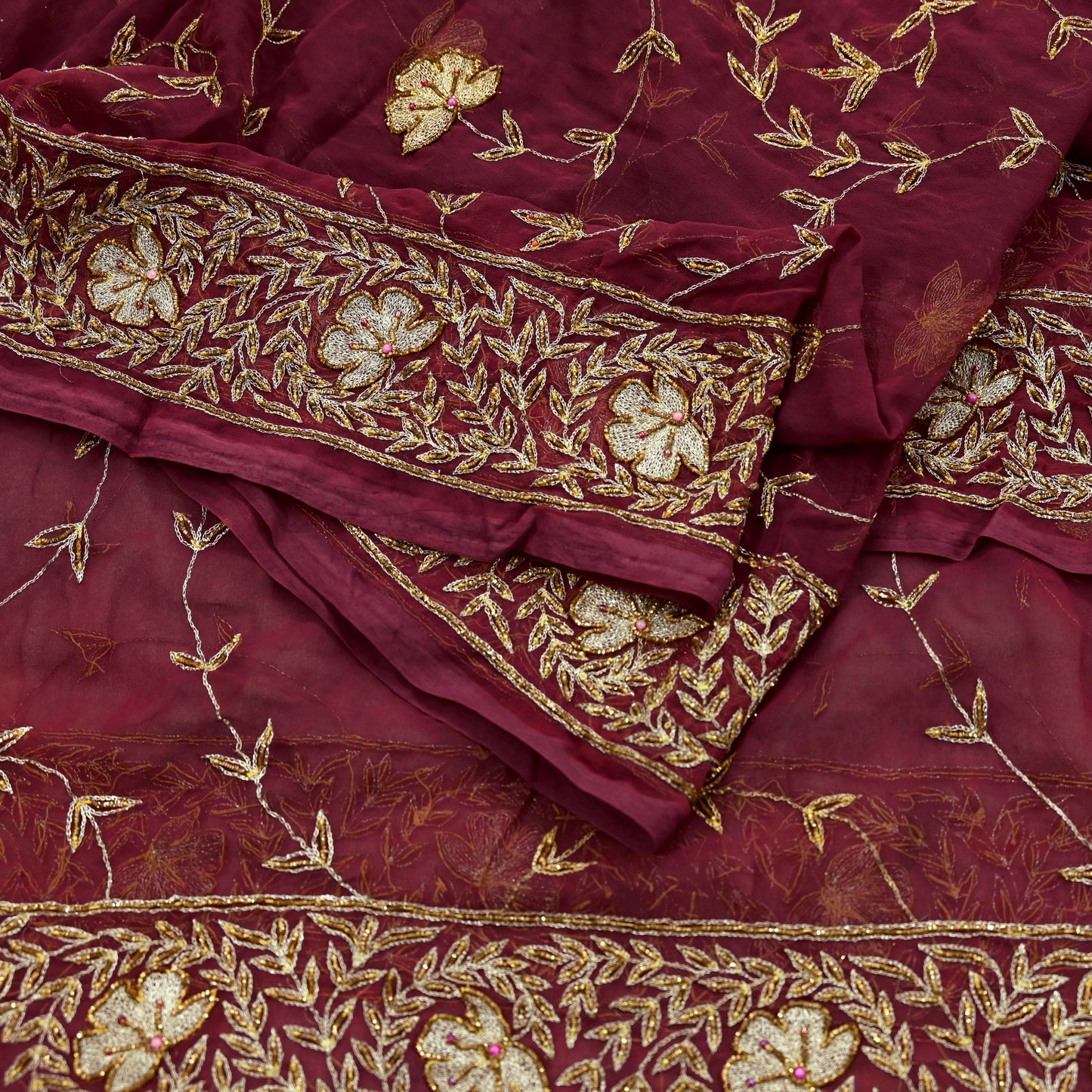 Indian Vintage Bridal Heavy Maroon Dupatta American Georgette Long Stole Hand Embroidered Scarves Zari Zardozi Bollywood Wedding Veil Hijab