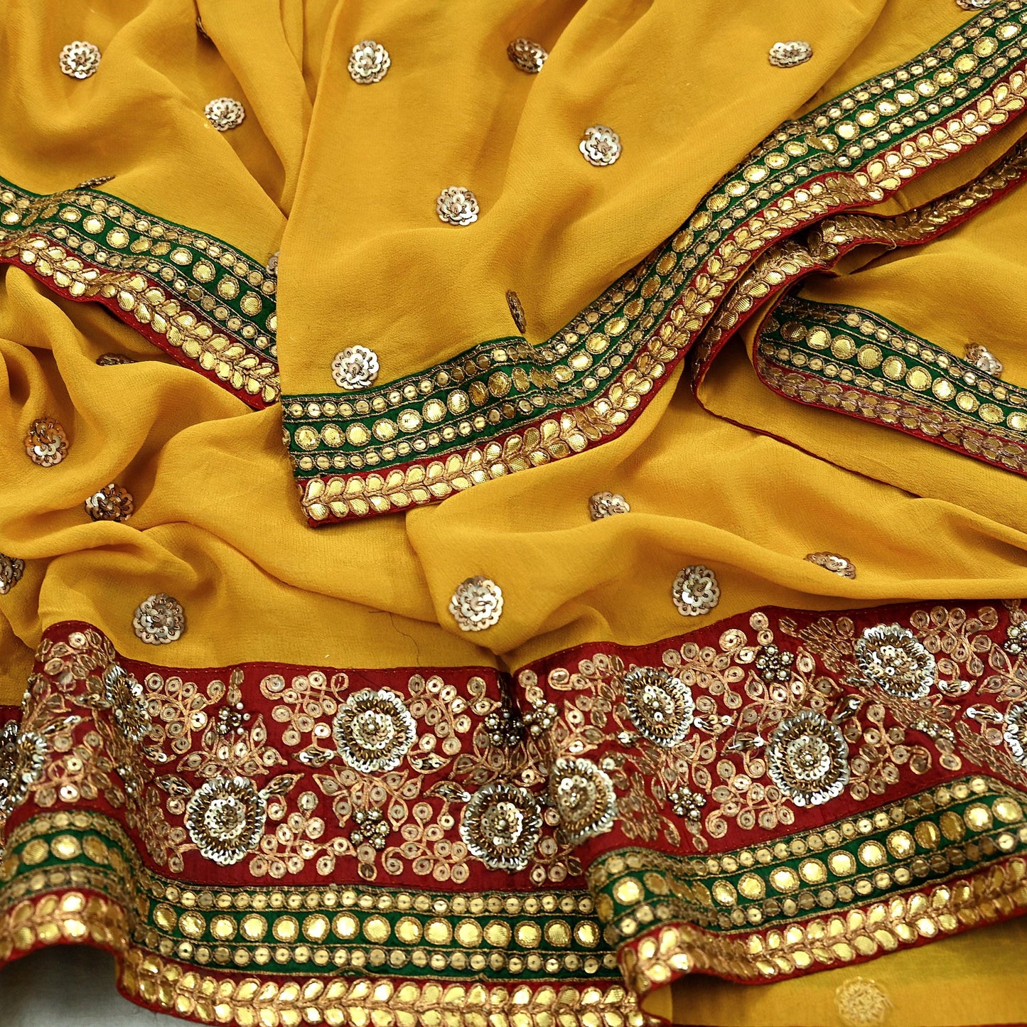 Indian Vintage Heavy Dupatta Yellow Pure Georgette Silk Stole Hand Embroidered By Designer Sabyasachi Scarves Zardozi Bridal Veil