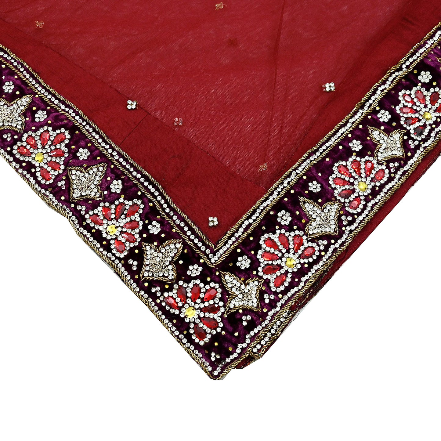 Indian Vintage Heavy Wedding Maroon Dupatta Net Mesh Long Stole Hand Embroidered Scarves Golden Zardozi Zari Sequins Dridal Veil Hijab