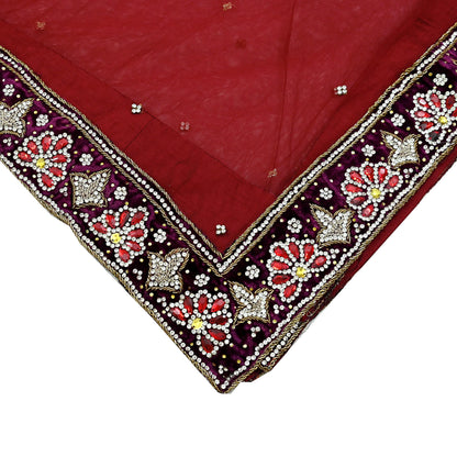 Indian Vintage Heavy Wedding Maroon Dupatta Net Mesh Long Stole Hand Embroidered Scarves Golden Zardozi Zari Sequins Dridal Veil Hijab