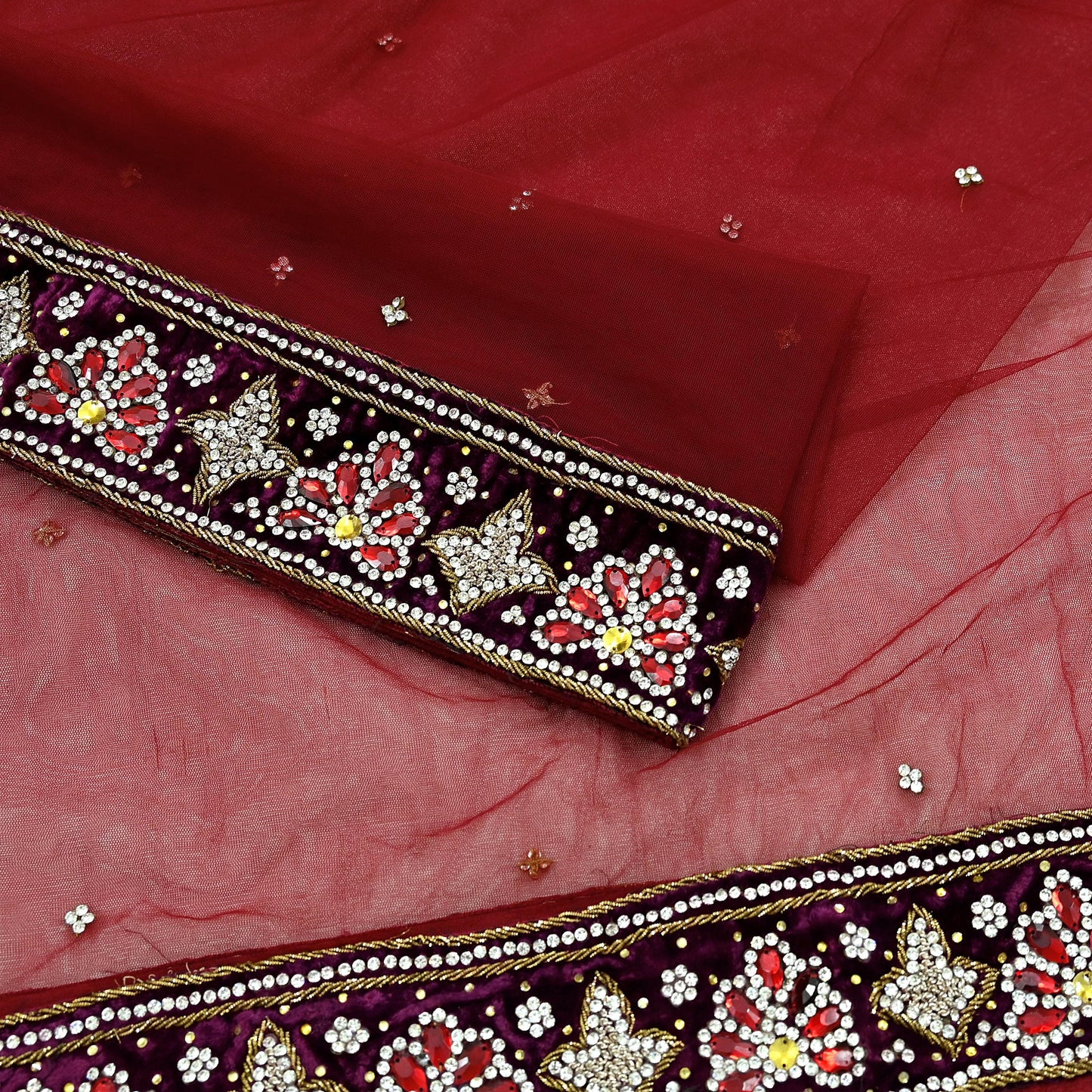 Indian Vintage Heavy Wedding Maroon Dupatta Net Mesh Long Stole Hand Embroidered Scarves Golden Zardozi Zari Sequins Dridal Veil Hijab