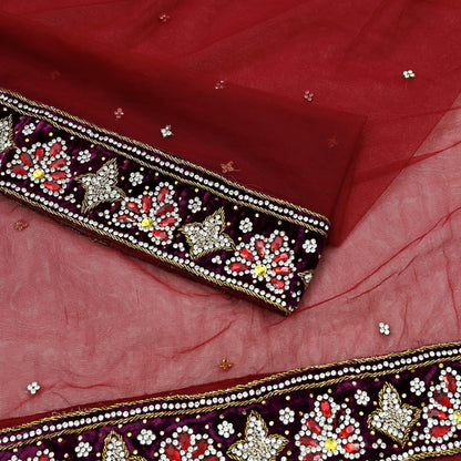 Indian Vintage Heavy Wedding Maroon Dupatta Net Mesh Long Stole Hand Embroidered Scarves Golden Zardozi Zari Sequins Dridal Veil Hijab