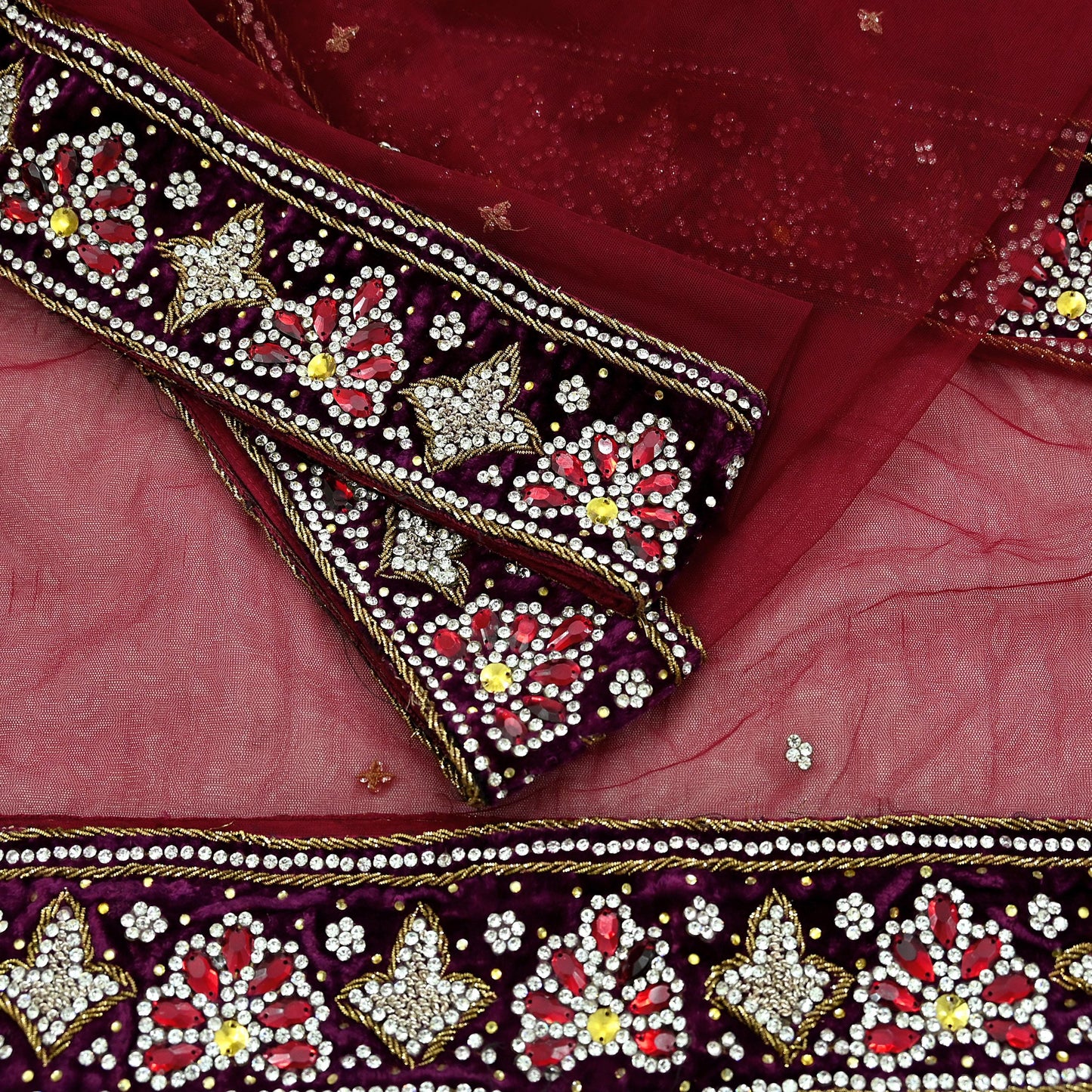 Indian Vintage Heavy Wedding Maroon Dupatta Net Mesh Long Stole Hand Embroidered Scarves Golden Zardozi Zari Sequins Dridal Veil Hijab