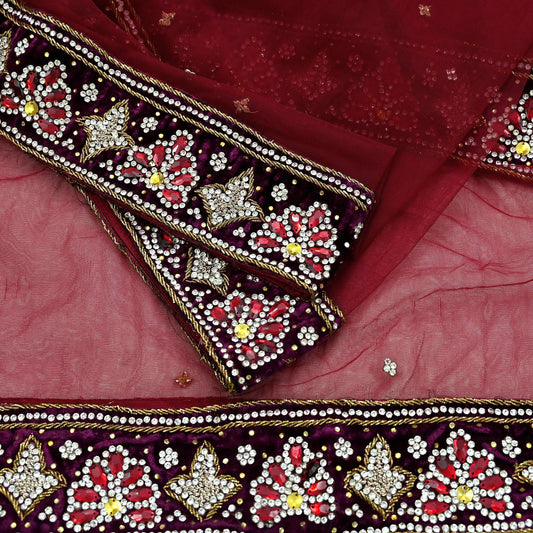 Indian Vintage Heavy Wedding Maroon Dupatta Net Mesh Long Stole Hand Embroidered Scarves Golden Zardozi Zari Sequins Dridal Veil Hijab