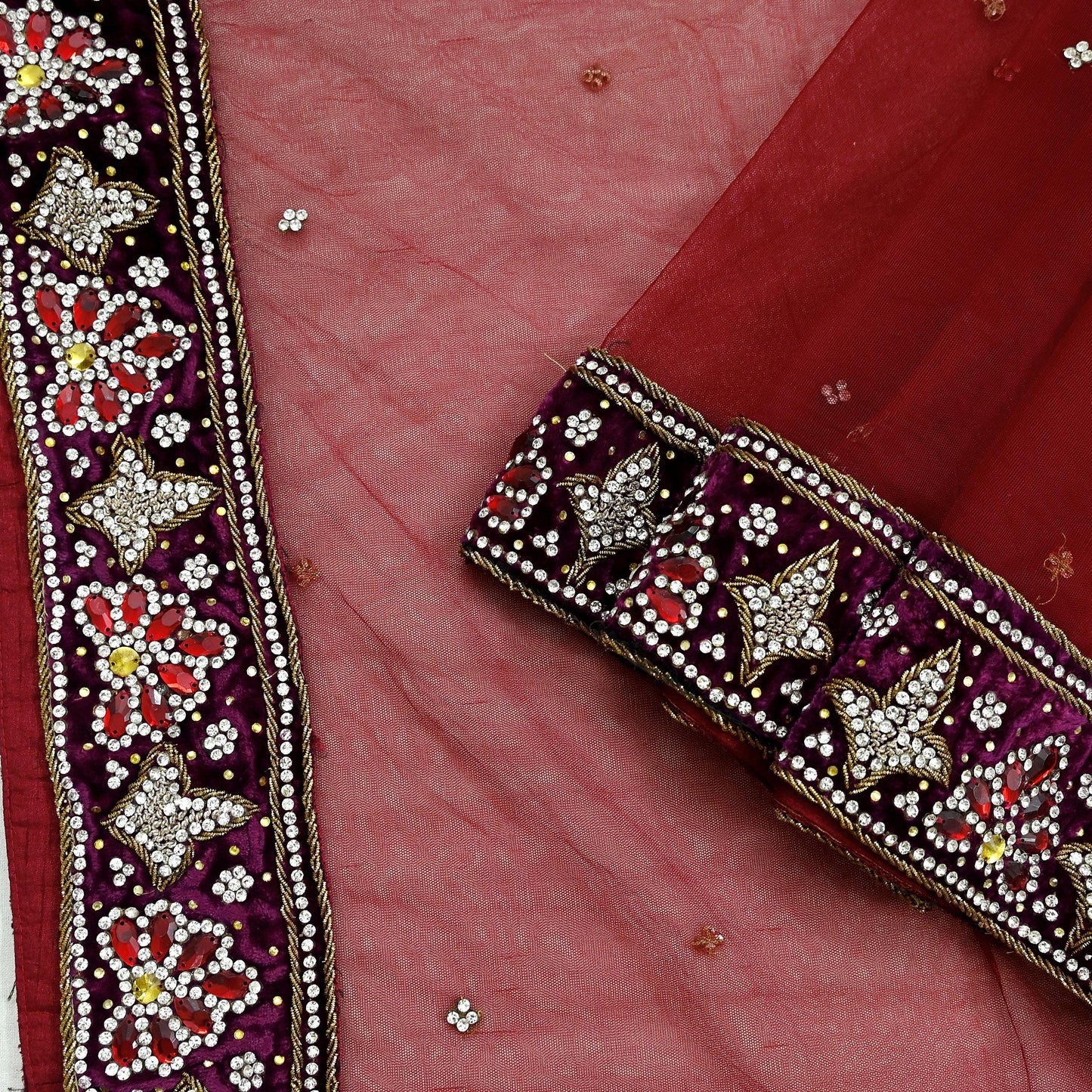 Indian Vintage Heavy Wedding Maroon Dupatta Net Mesh Long Stole Hand Embroidered Scarves Golden Zardozi Zari Sequins Dridal Veil Hijab