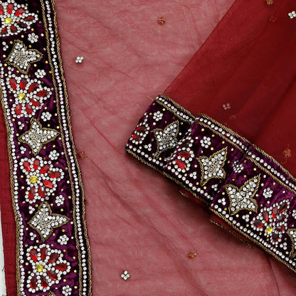 Indian Vintage Heavy Wedding Maroon Dupatta Net Mesh Long Stole Hand Embroidered Scarves Golden Zardozi Zari Sequins Dridal Veil Hijab