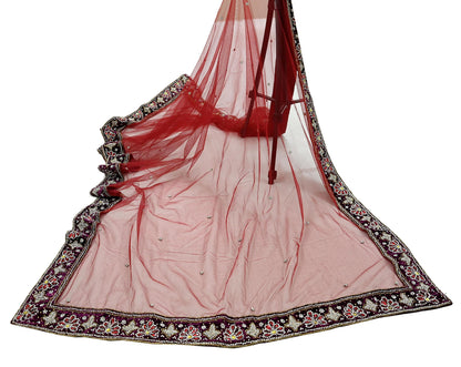 Indian Vintage Heavy Wedding Maroon Dupatta Net Mesh Long Stole Hand Embroidered Scarves Golden Zardozi Zari Sequins Dridal Veil Hijab