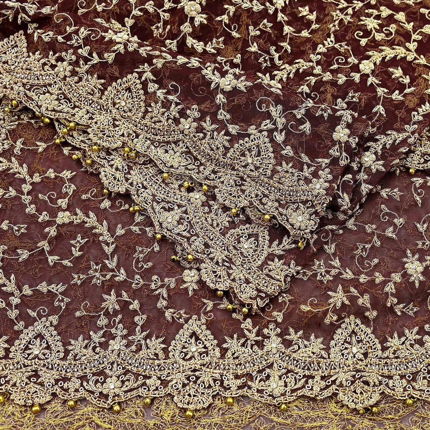 Indian Vintage Heavy Wedding Maroon Dupatta Net Mesh Long Stole Hand Embroidered Scarves Golden Zardozi Zari Sequins Dridal Veil Hijab