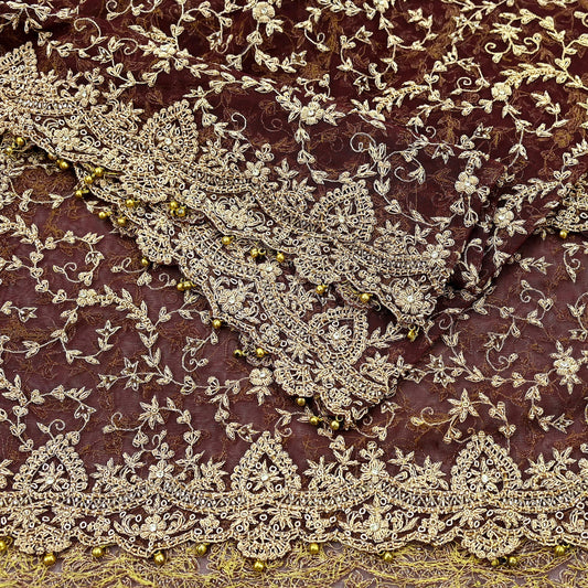 Indian Vintage Heavy Wedding Maroon Dupatta Net Mesh Long Stole Hand Embroidered Scarves Golden Zardozi Zari Sequins Dridal Veil Hijab