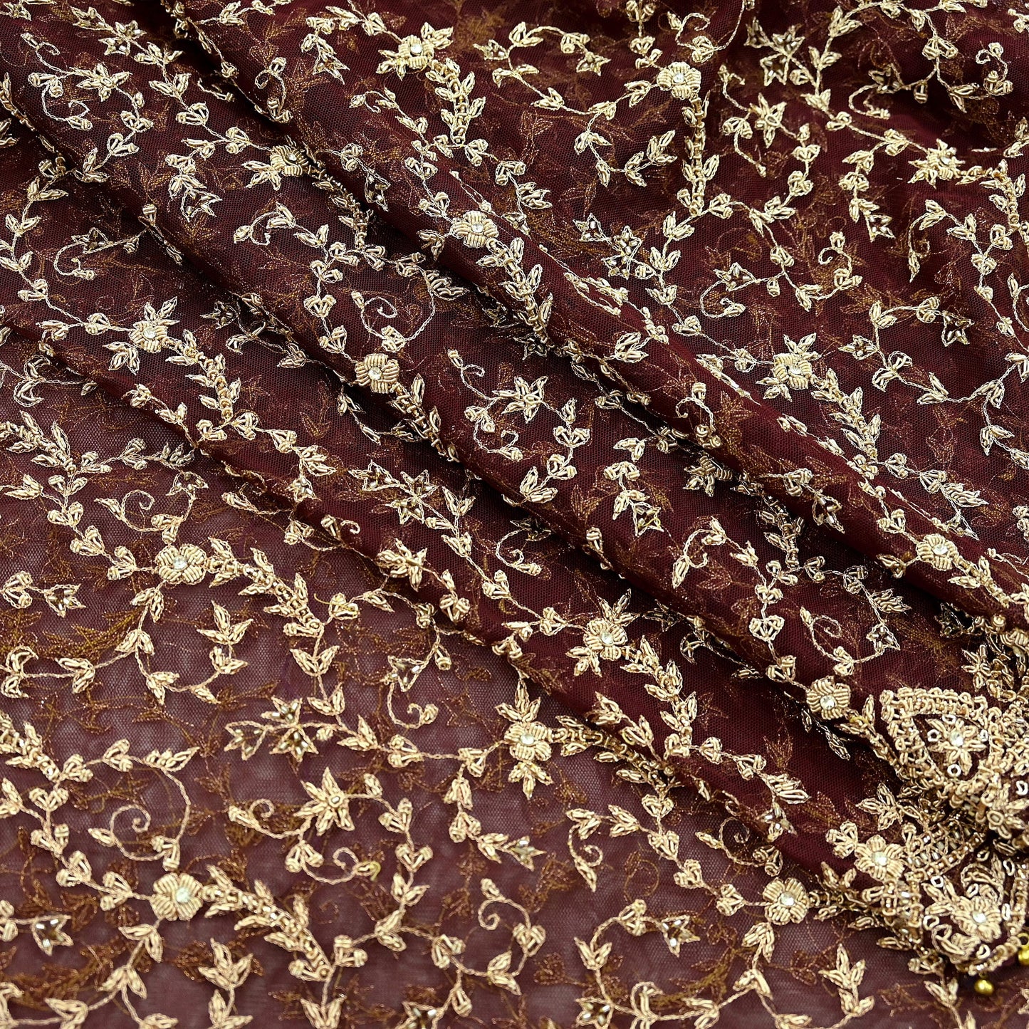 Indian Vintage Heavy Wedding Maroon Dupatta Net Mesh Long Stole Hand Embroidered Scarves Golden Zardozi Zari Sequins Dridal Veil Hijab