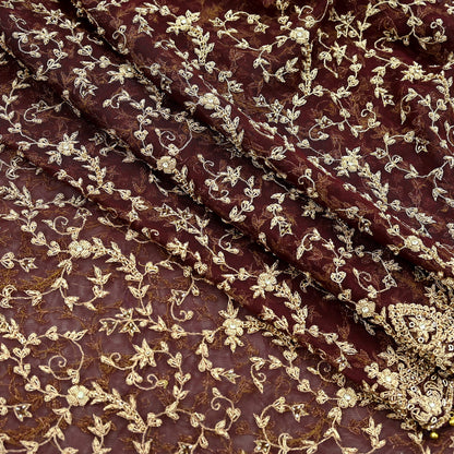 Indian Vintage Heavy Wedding Maroon Dupatta Net Mesh Long Stole Hand Embroidered Scarves Golden Zardozi Zari Sequins Dridal Veil Hijab